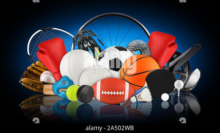 huge collection stack of sport goods and balls gear bicycle wheel equipment from various team and individual sports on dark blue black background Stock Photo