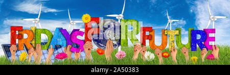 activist people holding up colorful wooden letter forming words fridays for future and earth globe on blue sky green grass. climate change global warm Stock Photo