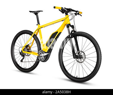 fantasy fictitious design of an yellow ebike pedelec with battery powered motor bicycle moutainbike. mountain bike ecology modern transport concept is Stock Photo