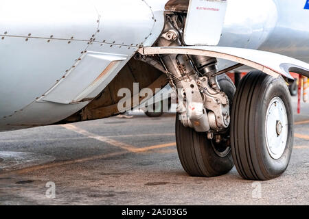 Rear landing gear of an airplane Stock Photo
