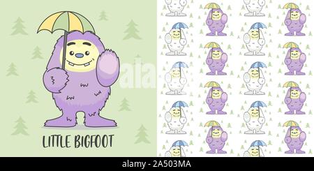 Little Monster Big food hold umbrella and seamless pattern. Vector Illustration Stock Vector