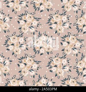 Seamless pattern texture with floral bouquet beige background. Stock Vector