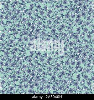 Seamless vector floral wallpaper blue and white colors. Vintage roses pattern in classic style. Peonies outline style background. Stock Vector
