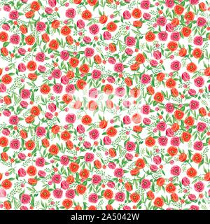 Red pink flower dense seamless pattern wallpaper. Peonies and roses vector background. Stock Vector