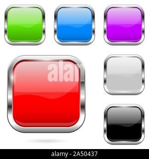 Colored buttons set. Shiny 3d glass square icons Stock Vector