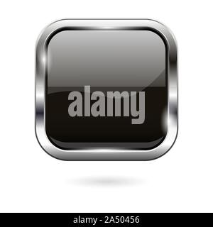 Black glass button. 3d shiny square icon Stock Vector