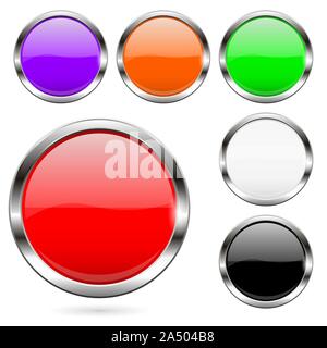Colored buttons set. Shiny 3d glass round icons Stock Vector