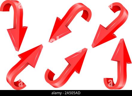 Red and down 3d arrows set. 3d elements Stock Vector