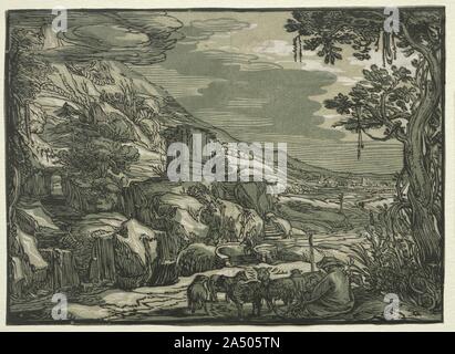 Arcadian Landscape, c. 1615. Engraver Hendrik Goltzius worked in Haarlem most of his life. Goltzius revived the chiaroscuro woodcut technique in the late 16th-century, using both line and tone blocks to create printed works that resembled a type of drawing popular at the time. Stock Photo