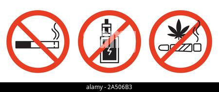 Forbidding vector signs. No smoking, no drugs, no vaping. Isolated illustration on white background. Stock Vector