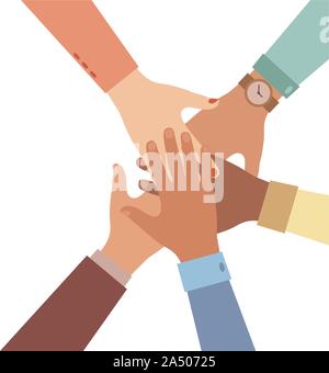 Hands of diverse group of people putting together. Concept of cooperation, unity, togetherness, partnership, agreement, teamwork, social community or Stock Vector