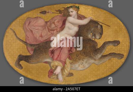 Bacchante on a Panther, 1855. Part of a series of six paintings that decorated Etienne Bartholony's house in Paris, these paintings emulate ancient Roman designs. Crisp, cut-out forms are set against a gold background painted in imitation of mosaic. Arion was an ancient Greek poet who escaped death by riding away on the back of a sea creature who had been attracted by the poet's song. In the companion picture, a bacchante---a female worshipper of the wine god Bacchus---rides on a panther, the god's symbolic animal. These works were shown at the 1857 Paris Salon exhibition. Stock Photo