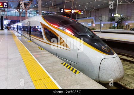 Tianjin, China – September 29, 2019: Fuxing high-speed train at Tianjin railway station in China.