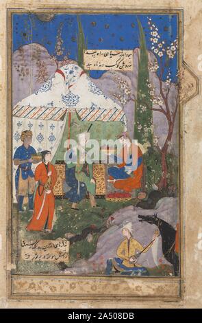 Banqueting Scene with Khusrau and Shirin, from a Khamsa (Quintet) of Nizami (1141-1209), 1540-70. The  Khamsa  is a collection of five narrative poems, one of which is dedicated to the romance of Khusrau Parviz (590-628), a pre-Islamic king of Iran, and Shirin, his beloved Armenian princess. Khusrau&#x2019;s turban has the anachronistic baton worn by Safavid royalty and the egret feather, an emblem of nobility instituted by the Mongols in the 1200s. Here the lovers are seated before a tent in an idyllic landscape at night, indicated by the dark blue sky dotted with stars, painted with now tarn Stock Photo