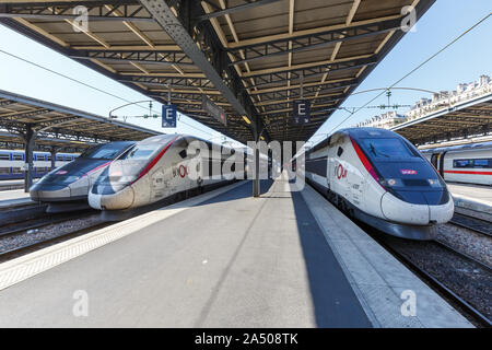 Paris, France – July 23, 2019: French TGV high-speed trains at Paris Est railway station in France. Stock Photo