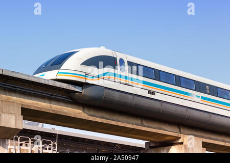 Shanghai, China – September 27, 2019: Shanghai Transrapid Maglev magnetic levitation train Longyang Road station in China. Stock Photo