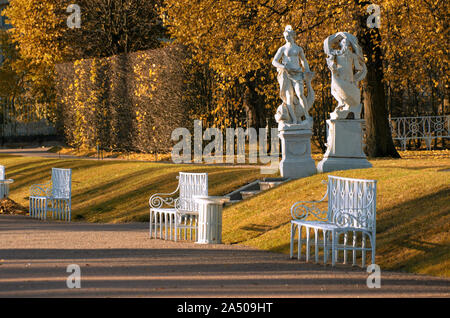 Tsarskoye Selo, Saint Petersburg, Russia - October 15, 2019: On a sunny morning Venetian sculptures in Catherine Park in the Indian summer season Stock Photo