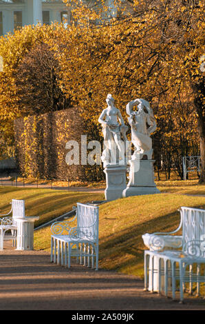 Tsarskoye Selo, Saint Petersburg, Russia - October 15, 2019: On a sunny morning Venetian sculptures in Catherine Park in the Indian summer season Stock Photo