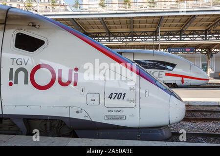 Paris, France – July 23, 2019: French TGV and German ICE high-speed train at Paris Est railway station in France. Stock Photo