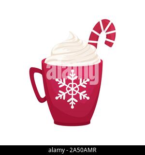 Christmas red mug with snowflake. Cocoa with whipped cream and Lollipop. Flat vector illustration. Stock Vector