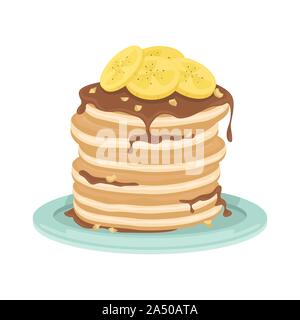 A stack of fried pancakes with bananas, chocolate sauce and nuts. Delicious breakfast. Cartoon vector illustration. Stock Vector