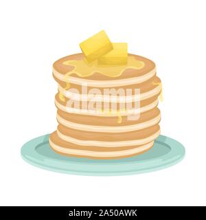 A stack of fried pancakes with slices of butter. Delicious breakfast. Cartoon vector illustration. Stock Vector