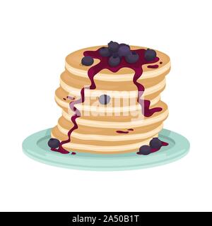 A stack of fried pancake with blueberry and blueberry jam. Delicious breakfast. Cartoon vector illustration. Stock Vector