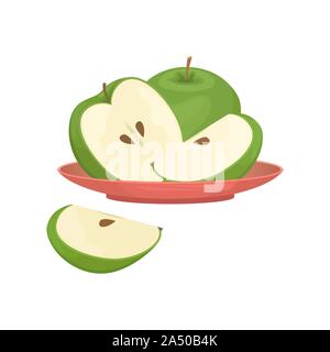 Green apples sliced and whole on a red plate. Isolated vector illustration. Stock Vector