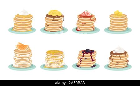 Set of 8 types of pancakes. A stack of fried pancakes on the plate. Delicious breakfast. Cartoon vector illustration. Stock Vector