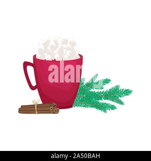 Christmas red mug of Cocoa with marshmallows. Flat vector illustration. Stock Vector