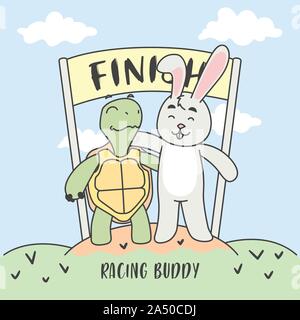 Buddy Racing. Turtle and Rabbit in finish line. Vector illustration. Stock Vector