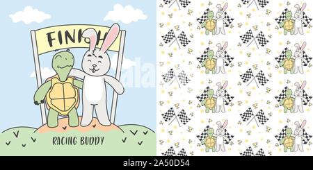 Turtle and Rabbit in finish line and Seamless Pattern Vector illustration. Stock Vector