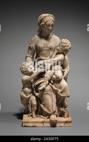 Charity, c. 1550-1600. When this alabaster group entered the museum's collection, it was thought to depict the Virgin Mary, Christ, and Saint John the Baptist. It has been identified, however, as a personification of Charity, the most elevated of the three Christian theological virtues. The two other theological virtues are Faith and Hope. Within Christian belief, Charity is also known as a supernatural virtue, where the object of human conduct is the ultimate unification with God through love. Alluding to its eminent position, Charity sits enthroned, with powerful hybrid beasts supporting her Stock Photo