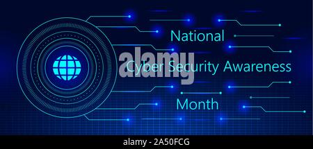 National Cyber Security Awareness Month is observed in October in USA. Hud elements, global icon, sparkles Stock Vector