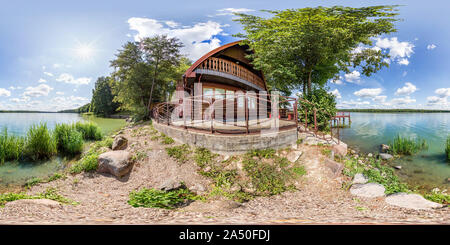 360 degree panoramic view of full seamless spherical hdri panorama 360 degrees angle view near abandoned homestead castle with columns near lake in equirectangular spherical proje