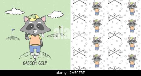 Cute Raccoons Playing Golf and Seamless pattern, Vector Illustration, ready for T-Shirt. Stock Vector