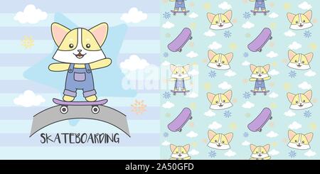 Cat playing Skate board with seamless pattern vector illustration. Stock Vector