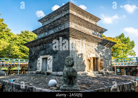 Ancient three stories stone pagoda of Silla era at Bunhwangsa temple with blue sky in Gyeongju South Korea Stock Photo