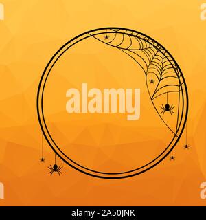 Halloween round frame with spider web silhouette on orange polygonal background. Vector illustration Stock Vector