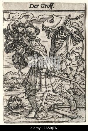 Dance of Death: The Earl, c. 1526. Dance of Death is the most celebrated series of woodcuts designed by Holbein. The forty-one blocks were cut by Hans L&#xfc;tzelburger in the years immediately before his death in 1526, though the set was not published until 1538. Dance of Death originated as a drama in the middle of the 14th century. Following widespread epidemics such as the black plague, these plays took place in a cemetery or churchyard. Actors, dressed in pale costumes painted to resemble skeletons, personified Death and summoned a group of people from all social classes in a dancelike pr Stock Photo