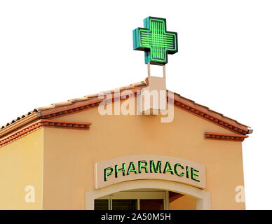 Pharmacy signboard in house facade on white background. Stock Photo