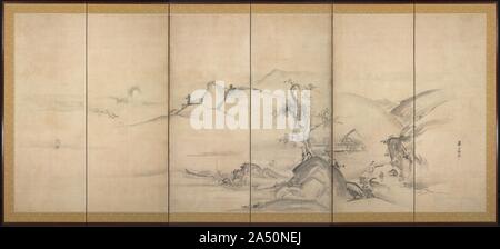 Eight Views of the Xiao and Xiang Rivers, 1700s. Watanabe Shiko, an Edo period painter who combined Kano school style with Rimpa style, re-created the Xiao and the Xiang rivers on a pair of eight-panel screens. For this composition, he followed the Kano school&#x2019;s sense of space, adapted from miniature copying paintings ( shukuzu ) by the Japanese artist Kano Tanyu. Watanabe revised the typical representations of the Xiao and the Xiang rivers by rendering the theme Wild Geese Descending to Sandbar on the right screen and Evening Bell from Mist-Shrouded Temple on the left screen. He depict Stock Photo