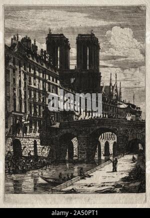 Etchings of Paris: The Little Bridge, 1850. Although Meryon made the first study for this scene with a camera  lucida  (an apparatus containing a prism or an arrangement of mirrors that reflects the image on a surface so that its outlines may be traced), the artist then made changes to improve the composition&#x2014;extending the height of the towers of Notre-Dame, for instance. Meryon did not mean his plates to have the precision of a photograph. Rather, he combined two views&#x2014;a sketch from a low point at the water's edge and a view from the parapet&#x2014;which, although not totally ac Stock Photo