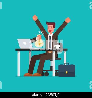 Happy businessman getting bag of money from his laptop. Vector illustration Stock Vector