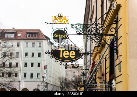 A tea shop sign in a restaurant in downtown of Berlin, Germany. Stock Photo