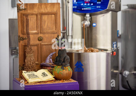 Cadbury World chocolatiers have created a 15kg spooky scene made out of 333 bars worth of Dairy Milk for Halloween, which is going on display at the Bournville Experience, one of 14 zones which tell the story of the Cadbury business and chocolate at their site in Bournville, Birmingham. PA MEDIA Photo. Picture date: Thursday 17th October, 2019. See PA story SOCIAL Halloween Cadbury. Photo credit should read: Jacob King/PA Wire Stock Photo