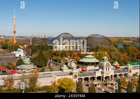 Montreal, Canada - 15 October 2019: La Ronde Amusement Park from Jacques Cartier Bridge Stock Photo