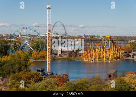 Montreal, Canada - 15 October 2019: La Ronde Amusement Park from Jacques Cartier Bridge Stock Photo