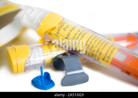 Epinephrine auto injectable pens with holder and box. Stock Photo