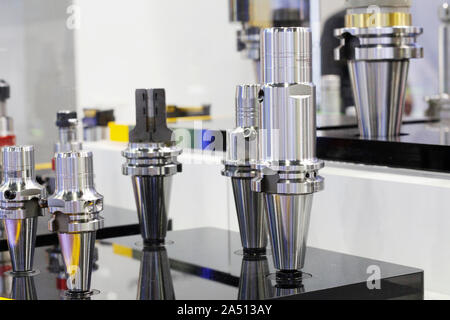 Oversized milling chuck for cnc machine. Metalworking. Clamping chucks for milling machines in the exhibition store. High precision drill holder, mill Stock Photo